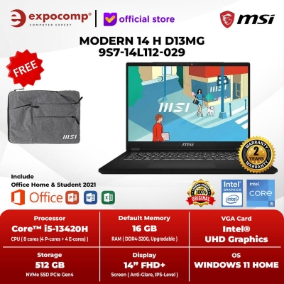 MSI MODERN 14 H D13MG 9S7-14L112-029 BLACK INTEL CORE i5-13420H 16GB 512GB WINDOWS 11 HOME + OFFICE HOME STUDENT 2021 - NON BUNDLE, TETAP 16GB