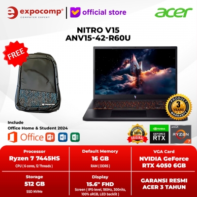 ACER GAMING NITRO V15 ANV15-42-R60U BLACK AMD RYZEN 7-7445HS 16GB 512GB RTX 4050 5GB GDDR6 WIN 11 HOME + OFFICE HOME 2024 + M 365 1 YEAR