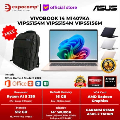 ASUS VIVOBOOK 14 M1407KA VIPS5154M VIPS5154M VIPS5156M AMD RYZEN AI 5-330 16GB 512GB WIN 11 HOME + OFFICE HOME 2024 + M 365 1 YEAR