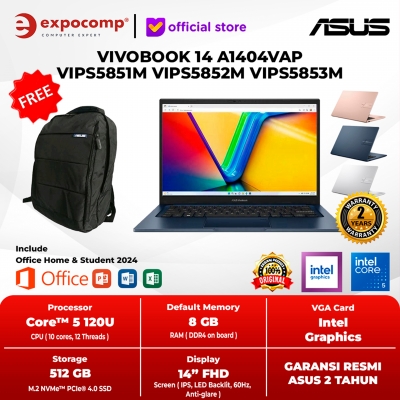 ASUS VIVOBOOK 14 A1404VAP VIPS5851M VIPS5852M VIPS5853M INTEL CORE 5-120U 8GB 512GB WIN 11 HOME + OFFICE HOME 2024