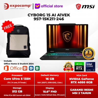 MSI CYBORG GAMING 15 AI A1VEK 9S7-15K211-246 BLACK INTEL ULTRA 5-135H 16GB 512GB SSD WIN 11 HOME + OFFICE HOME 2024