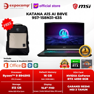 MSI GAMING KATANA A15 AI B8VE 9S7-158N31-635 BLACK AMD RYZEN 9-8945HS 16GB 512GB RTX 4050 6GB GDDR6 WIN 11 HOME + OFFICE HOME 2024