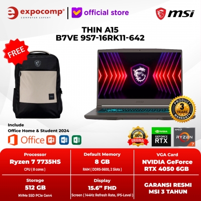 MSI GAMING THIN A15 B7VE 9S7-16RK11-642 GRAY AMD RYZEN 7-7735HS 8GB 512GB RTX 4050 6GB GDDR6 WIN 11 HOME TANPA OFFICE NO OHS