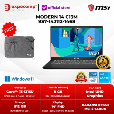 MSI MODERN 14 C13M 9S7-14J112-1468 BLACK INTEL CORE i3-1315U 8GB 512GB WIN 11 HOME TANPA OFFICE NO OHS