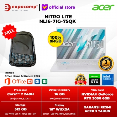 ACER GAMING NITRO LITE NL16-71G-75QK WHITE INTEL CORE 7-240H 16GB 512GB 16 INCH 180HZ 100% SRGB WIN 11 HOME + OFFICE HOME 2024 + M 365 1 YEAR