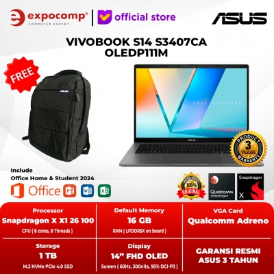 ASUS VIVOBOOK S14 S3407CA OLEDP111M OLEDP111M SNAPDRAGON X X126100 16GB 1TB SSD WIN 11 HOME + OFFICE HOME 2024 + M 365 1 YEAR