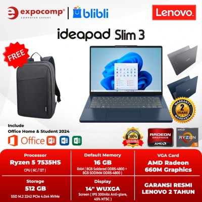 LENOVO IDEAPAD SLIM 3 14ARP10 89ID 8AID AMD RYZEN 5-7535HS 16GB 512GB SSD WIN 11 HOME + OFFICE HOME 2024 + M 365 1 YEAR
