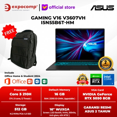 ASUS GAMING V16 V3607VH-I5N55B6T-HM BLACK INTEL CORE 5-210 16GB 512GB RTX 5050 8GB GDDR7 WIN 11 HOME + OFFICE HOME 2024 + M 365 1 YEAR