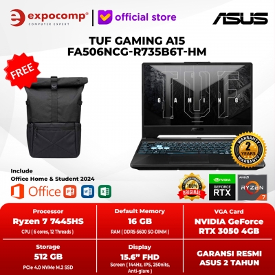 ASUS TUF GAMING A15 FA506NCG-R735B6T-HM BLACK AMD RYZEN 7-7445HS 16GB 512GB RTX 3050 4GB WIN 11 HOME + OFFICE HOME 2024 + M365 1 Y