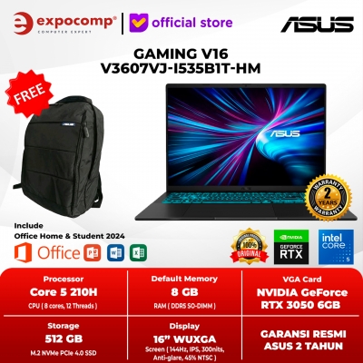 ASUS GAMING V16 V3607VJ-I535B1T-HM BLACK INTEL CORE 5-210H 8GB 512GB RTX 3050 6GB GDDR6 WIN 11 HOME + OFFICE HOME 2024 + M 365 1 YEAR