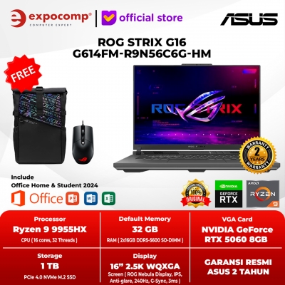 ASUS GAMING ROG STRIX G16 G614FM-R9N56C6G-HM AMD RYZEN 9-9955HX 32GB 1TB RTX 5060 8GB GDDR7 WIN 11 HOME + OFFICE HOME 2024 + M 365 1 YEAR