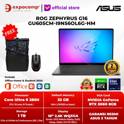 ASUS GAMING ROG ZEPHYRUS G16 GU605CM-I9N56OL6G-HM GRAY INTEL ULTRA 9-285H 32GB 1TB RTX 5060 8GB GDDR6 WIN 11 HOME + OFFICE HOME 2024 + 365 1Y