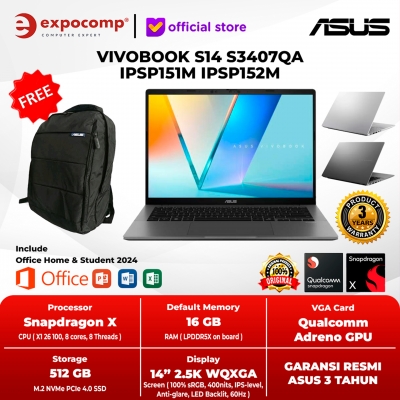 ASUS VIVOBOOK S14 S3407QA IPSP151M IPSP152M SNAPDRAGON X-XI26100 Qualcomm Adreno GPU 16GB 512GB WIN11+OH 2024