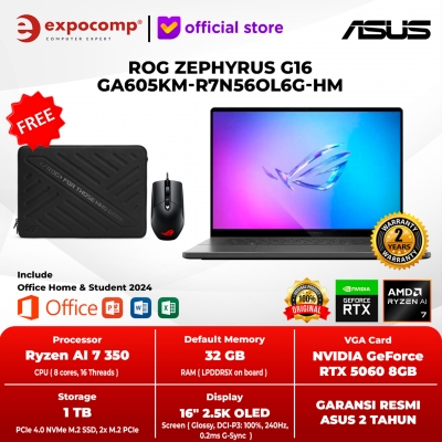 ASUS ROG ZEPHYRUS GAMING G16 GA605KM-R7N56OL6G-HM GRAY AMD RYZEN AI 7-350 32GB 1TB RTX 5060 8GB GDDR6 WIN 11 HOME + OFFICE HOME 2024 + M365 1Y