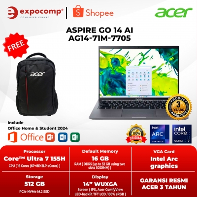 ACER ASPIRE GO 14 AI AG14-71M-7705 GREY INTEL CORE ULTRA 7-155H 16GB 512GB WIN 11 HOME + OFFICE HOME 2024 100% SRGB