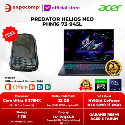 ACER GAMING PREDATOR HELIOS NEO PHN16-73-945L BLACK INTEL CORE ULTRA 9-275HX 32GB 1TB RTX 5070 Ti 12GB GDDR7 WIN 11 HOME + OFFICE HOME 2024