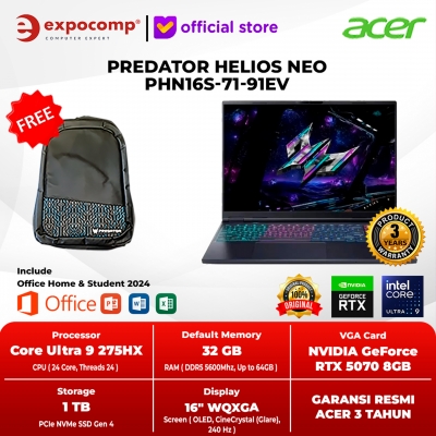ACER GAMING PREDATOR HELIOS NEO PHN16S-71-91EV BLACK INTEL CORE ULTRA 9-275HX 32GB 1TB RTX 5070 8GB GDDR7 WIN 11 HOME + OFFICE HOME 2024