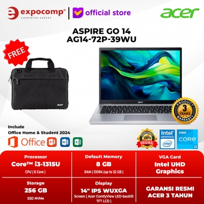 ACER ASPIRE GO 14 AG14-72P-39WU SILVER INTEL CORE i3-1315U 8GB DDR4 256GB SSD NVME 14 INCH IPS WUXGA 1920 x 1200 WIN 11 HOME + OFFICE HOME 2024