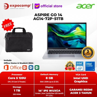 ACER ASPIRE GO 14 AG14-72P-51TB SILVER INTEL CORE 5-120U 8GB 1TB WIN 11 HOME + OFFICE HOME 2024 + M 365 1 YEAR