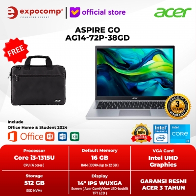 ACER ASPIRE GO AG14-72P-38GD INTEL SILVER CORE i3-1315U 8GB DDR4 SSD 512GB 14 INCH IPS WUXGA 1920 x 1200 WIN 11 HOME + OFFICE HOME 2024