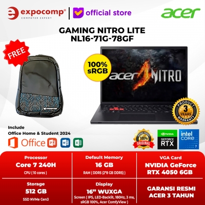 ACER GAMING NITRO LITE NL16-71G-78GF BLACK INTEL CORE 7-240H 16GB 512GB WIN 11 HOME + OFFICE HOME 2024