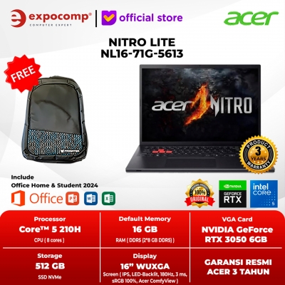 ACER GAMING NITRO LITE NL16-71G-5613 BLACK CORE 5-210H 16GB 512GB RTX 3050 6GB GDDR6 WIN 11 HOME + OFFICE HOME 2024