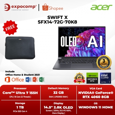 ACER SWIFT X SFX14-72G-70K8 GeForce RTX 4060 8GB GREY INTEL ULTRA 7-155H 32GB 1TB SSD WIN 11+OHS 2021