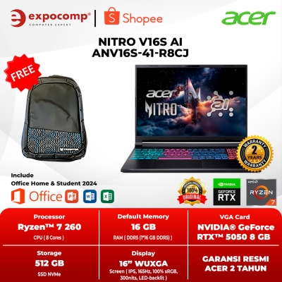 ACER GAMING NITRO V16S AI ANV16S-41-R8CJ BLACK AMD RYZEN 7-260 16GB 512GB SSD RTX 5050 8GB GDDR7 WIN 11 HOME + OFFICE HOME 2024