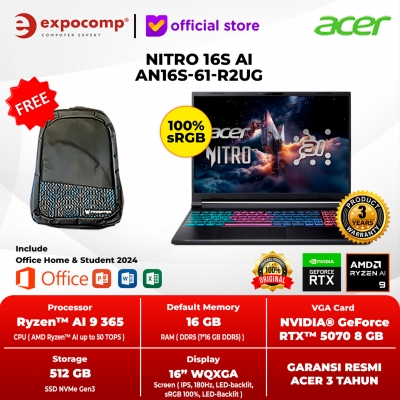 ACER GAMING NITRO 16S AI AN16S-61-R2UG BLACK AMD RYZEN AI 9 365 16GB 512GB RTX 5070 8GB GDDR7 16 INCH IPS WQXGA WIN 11 HOME + OFFICE HOME 2024