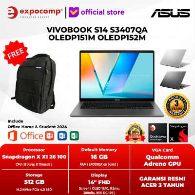 ASUS VIVOBOOK S14 S3407QA OLEDP151M OLEDP152M SNAPDRAGON X X126100 16GB 512 GB SSD OLED WIN 11 HOME + OFFICE HOME 2024 + M 365 1 YEAR