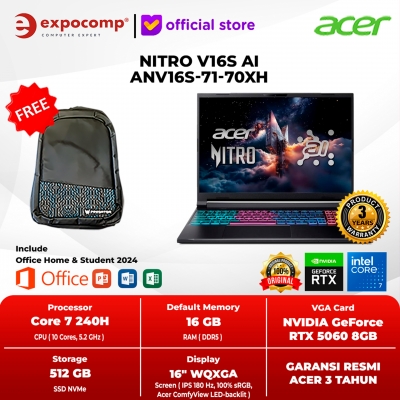 ACER GAMING NITRO V16S AI ANV16S-71-70XH BLACK INTEL CORE CORE 7-240H 16GB 512GB RTX 5060 8GB GDDR7 WIN 11 HOME + OFFICE HOME 2024