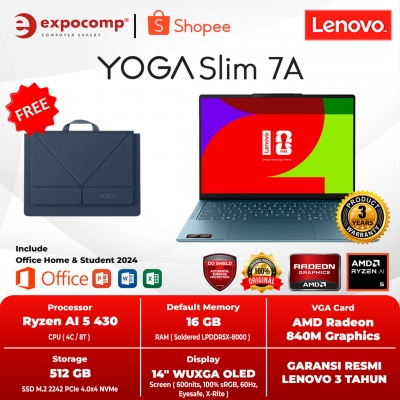 LENOVO YOGA SLIM 7a 14AGP11 48ID TIDAL TEAL AMD RYZEN AI 5-430 16GB 512 GB SSD 14 INCH TOUCH OLED WIN 11 + OFFICE HOME 2024 + M 365 1 YEAR