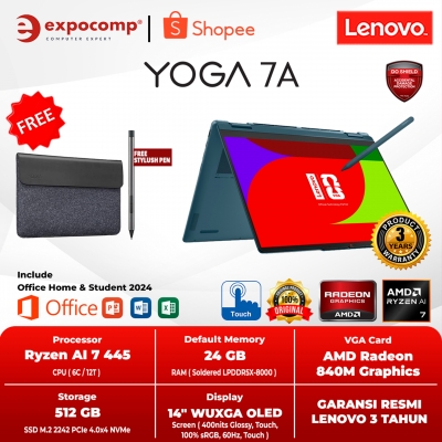 LENOVO YOGA 7a 2-in-1-14AGP11 5MID TIDAL TEAL AMD RYZEN AI 7-445 24GB 512 GB SSD 14 INCH TOUCH OLED WIN 11 + OFFICE HOME 2024 + M 365 1 YEAR TOUCH
