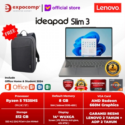LENOVO IDEAPAD SLIM 3 14ARP10 5LID AMD RYZEN 5-7535HS 8GB 512GB WIN 11 HOME + OFFICE HOME 2024 + M 365 1 YEAR