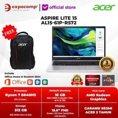 ACER ASPIRE LITE 15 AL15-61P-R572 SILVER AMD RYZEN 7-8840HS 16GB 512GB SSD WIN 11 HOME + OFFICE HOME 2024 + M 365