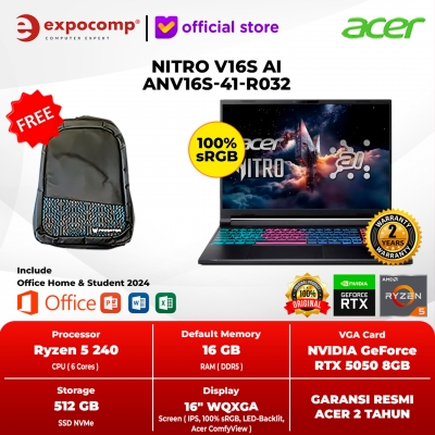 ACER GAMING NITRO V16S AI ANV16S-41-R032 BLACK AMD RYZEN 5-240 16GB 512GB SSD RTX 5050 8GB GDDR7 WIN 11 HOME + OFFICE HOME 2024
