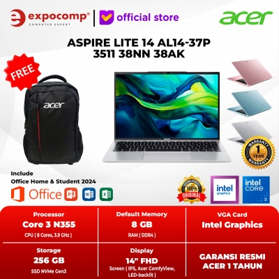 ACER ASPIRE LITE 14 AL14-37P 3511 38NN 38AK INTEL CORE 3-N355 8GB 256GB WIN 11 HOME + OFFICE HOME 2024 + M 365 1 YEAR