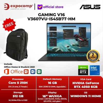 ASUS GAMING V16 V3607VU-I545B7T-HM BLACK INTEL CORE 5-210H 16GB 512GB RTX 4050 6GB WIN 11 HOME + OFFICE HOME 2024 - NON BUNDLE, TETAP 16GB