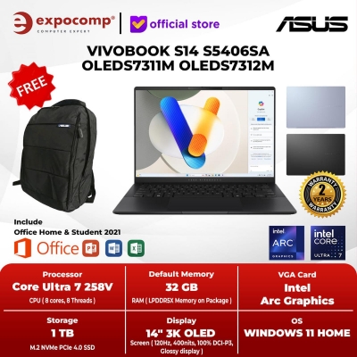 ASUS VIVOBOOK S14 S5406SA OLEDS7311M OLEDS7312M INTEL ULTRA 7-258V 32GB 1TB WIN 11 + OH 2024 OLED - NON BUNDLE, NEUTRAL BLACK