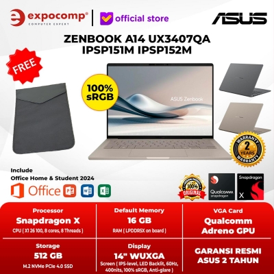ASUS ZENBOOK A14 UX3407QA IPSP151M IPSP152M GREY SNAPDRAGON X-X126100 16GB 512GB WIN 11 HOME + OFFICE HOME 2024 - NON BUNDLE, BEIGE